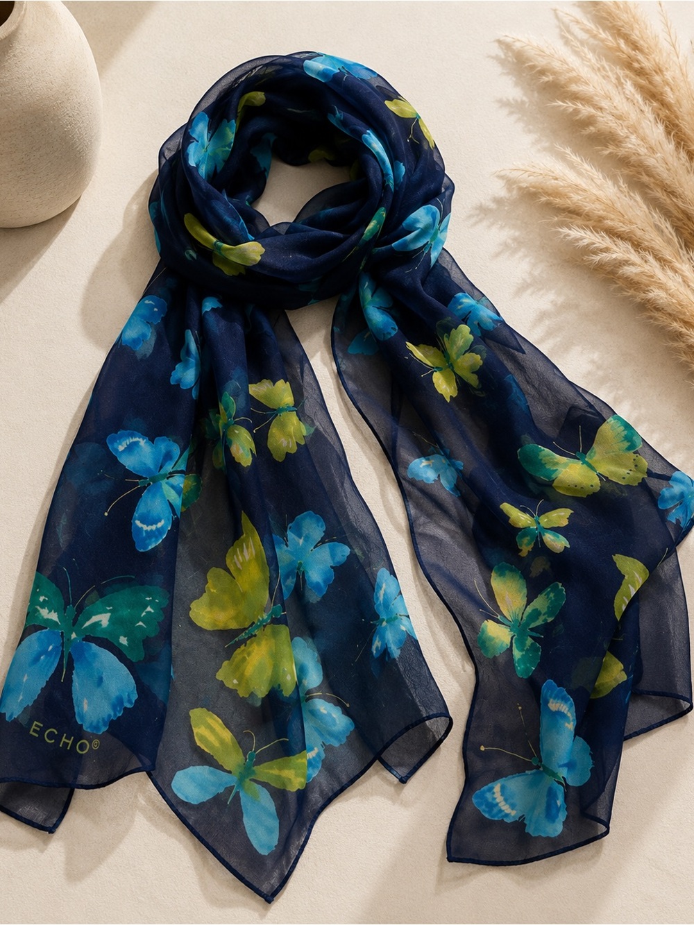 Vintage Rare Echo 100% Silk Butterfly Scarf Navy Blue Green Long Sheer Wrap 90s - Picture 2 of 4